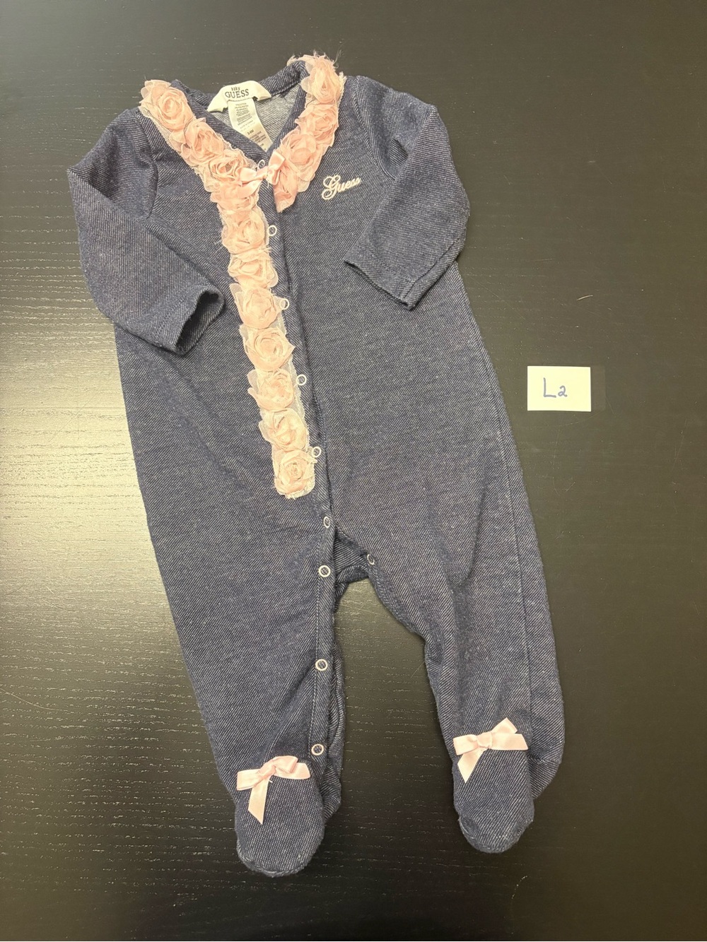 Guess 3-6m Denim Looking Footed Sleeper with Rose Trim